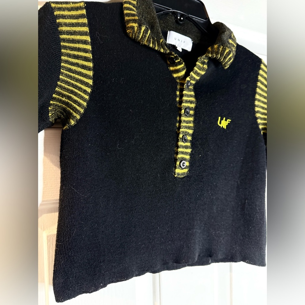 UNIF Black and Yellow Polo with Striped Accents